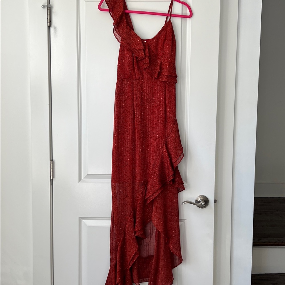 NWOT Red/Rust Ruffled One-Shoulder High Low Dress